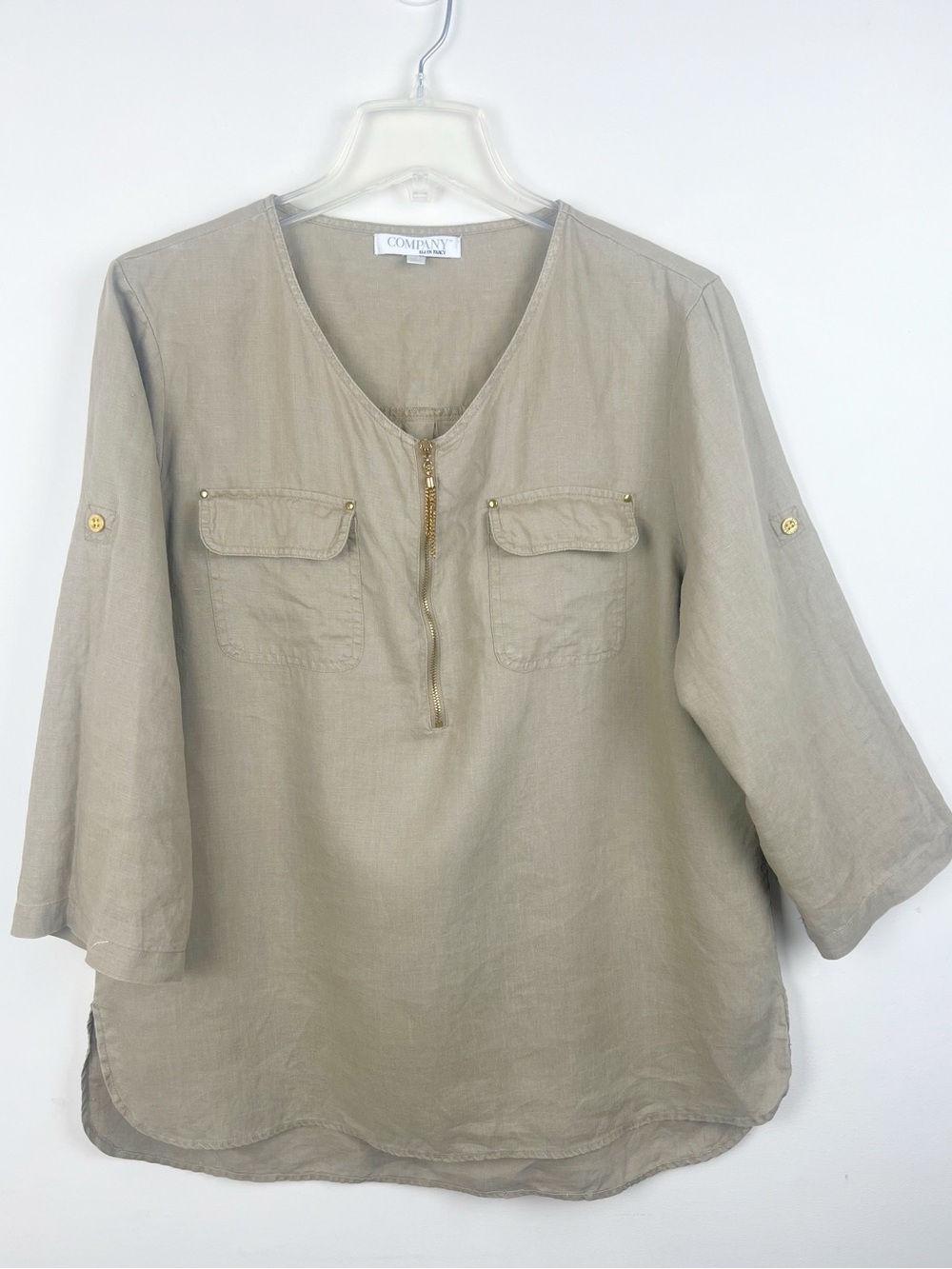 Ellen Tracy 100% Linen Tunic Top Large Neutral Beige Coastal Chic Quiet Luxury